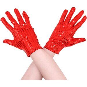 Women's Sparkling Sequin Red Glitter Short Length Wrist Gloves Party Cosplay